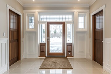 Doors for modern interior. Closed wooden door, in the empty hall. Front door entrance to grand house. Element of apartment design. Countryside cottage double front wood entry Doors with glass panels