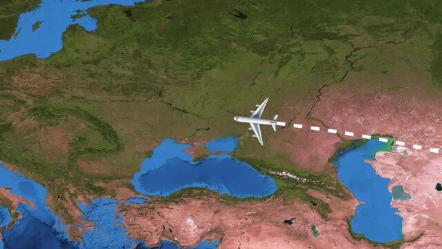 International flight travel route from Hong Kong to Paris on worlds map in 4K