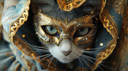 A close-up of a cat adorned with an intricate masquerade mask and elegant costume, showcasing a whimsical and regal appearance.