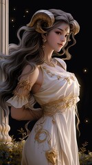An aries girl with two horns standing in the night, wearing robe like an ancient Greek goddess