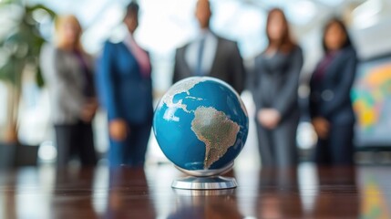Corporate businesspeople standing around world globe, blurred background