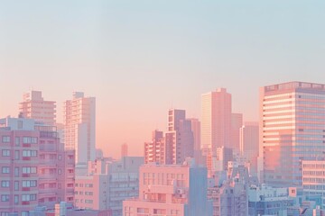 Fototapeta premium Pastel summer cityscape, buildings in soft pastel hues under a clear sky, warm golden hour light, relaxed and inviting urban environment, calm and peaceful vibe