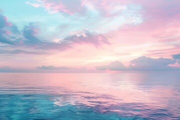 Obraz premium Pastel summer sunset over the ocean, sky filled with shades of soft pink, lavender, and baby blue, calm sea reflecting the pastel colors, serene and soothing scene
