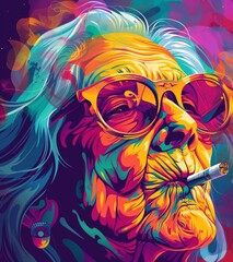 An old woman wearing sunglasses and a cigarette, in the style of crisp neopop illustrations, colorful drawings, pop culture