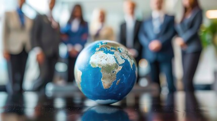 Corporate businesspeople standing around world globe, blurred background
