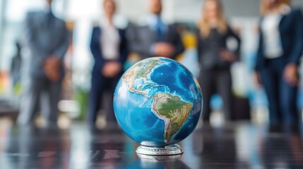 Corporate businesspeople standing around world globe, blurred background