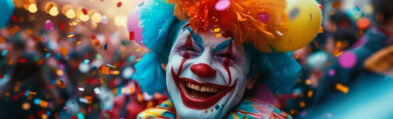 Aquarelle 2 of a vibrant and colorful group of joyful people dressed as classic clowns enjoying a street celebration