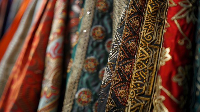 Close-up of Moroccan kaftan detailing, showcasing luxurious fabrics and detailed embroidery.