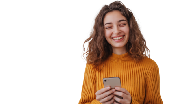  Young girl in glasses smiling while using cell phone, clear background.