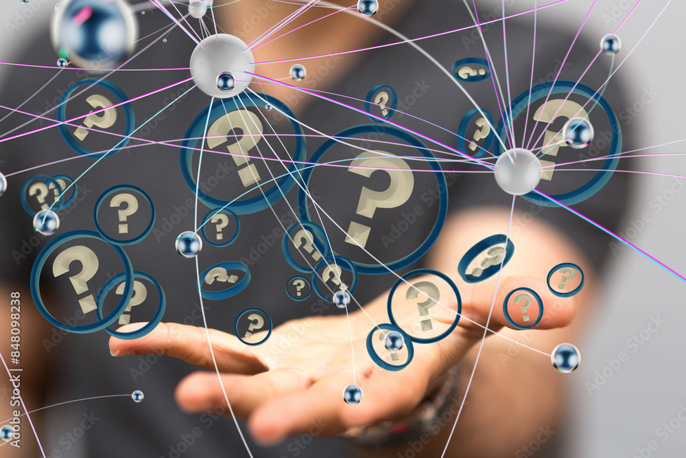 Aufkleber Businessman solving problem with digital question marks 3D rendering
