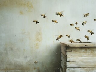 Bees flying out from a traditional wooden beehive, uncluttered, minimalist, muted colours, muted tones, rustic simplicity