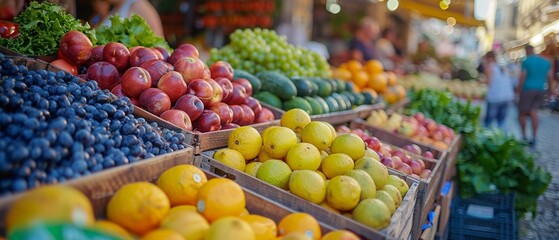 Assorted fruits and vegetables at farmers market