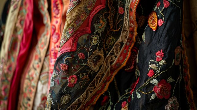 Close-up of Moroccan kaftan detailing, showcasing luxurious fabrics and detailed embroidery.