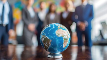 Corporate businesspeople standing around world globe, blurred background