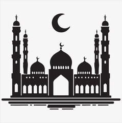 minimal mosque vector art illustration, silhouette on black, white background 