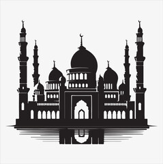 minimal mosque vector art illustration, silhouette on black, white background 