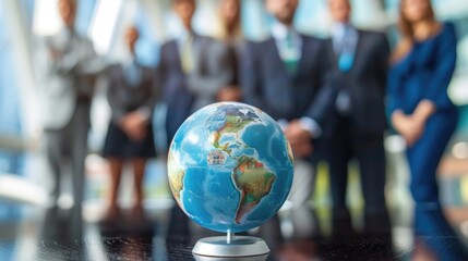 Corporate businesspeople standing around world globe, blurred background