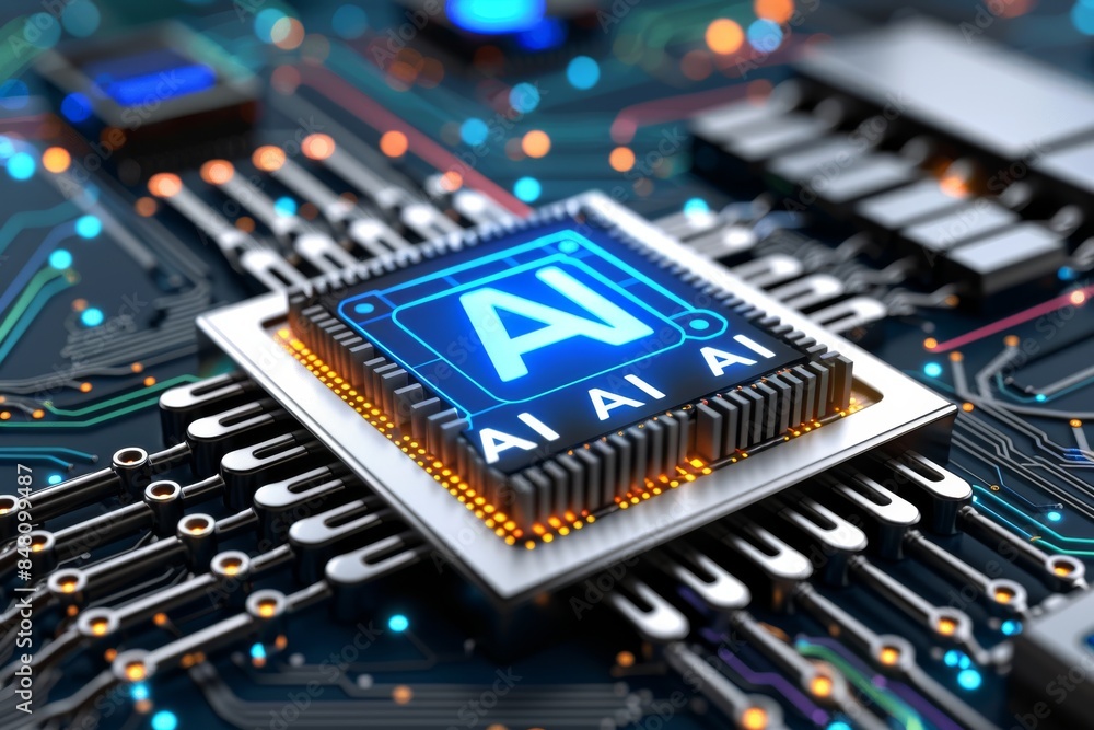 Poster close up of ai processor on a blue circuit board with glowing elements