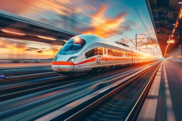 High-Speed Train on Sunset Tracks