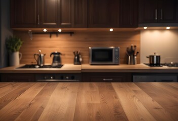 empty clean table in front of kitchen, modern interior design	
