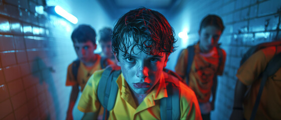 A group of teenage boys engaged in a surreal game of capture the flag, their competitive spirit driving them to navigate a maze of twisting corridors 