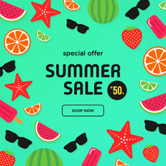 Summer sale green square vector banner with simple flat elements. Special offer. Banner. Vector illustration.