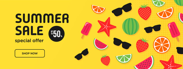 Summer sale yellow long vector banner with simple flat elements. Special offer. Banner. Vector illustration.