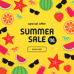 Summer sale yellow square vector banner with simple flat elements. Special offer. Banner. Vector illustration.