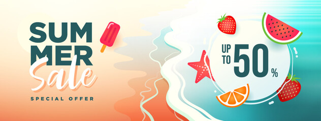 Summer sale long vector banner with sea and sand beach. Simple elements. Special offer. Banner. Vector illustration.