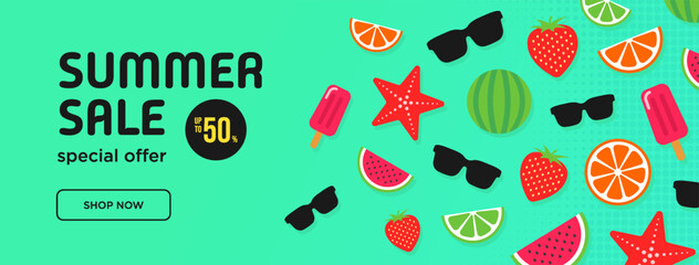 Summer sale green long vector banner with simple flat elements. Special offer. Banner. Vector illustration.