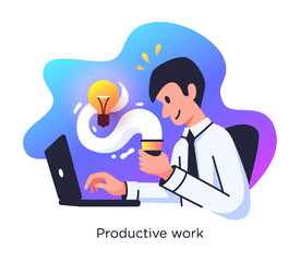 Single business illustration of a man sitting in front of laptop holding a cup of coffee. Business man. Office worker.