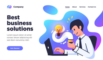 Template of a landing page with business illustration of a man sitting in front of laptop holding a cup of coffee. Business man. Office worker.