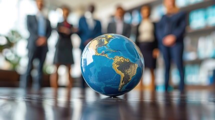 Corporate businesspeople standing around world globe, blurred background