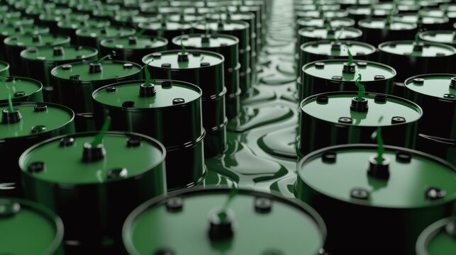 Bright contrast 3d composition, acid green oil pours out of barrels, octane render, high quality