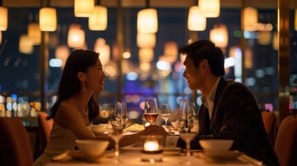Asian couple enjoying a romantic candlelit dinner at a fancy restaurant