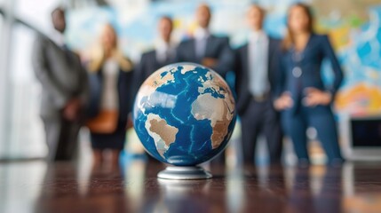 Corporate businesspeople standing around world globe, blurred background