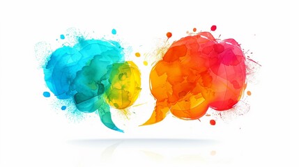 Two watercolor speech bubbles facing with rainbow colors splattered around, teamwork chat thought compromise