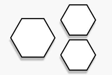 3 Polygon photo frames template of hexagon shapes with a black border in a cool modern layout. Used as a printable photo collage or a blank mock up for album pictures or photographs collection.