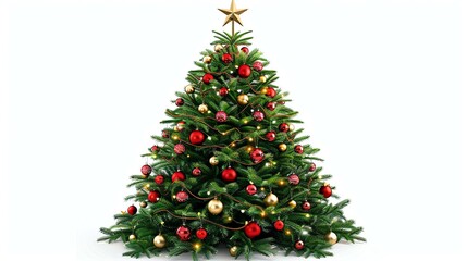 This is a beautiful photo of a decorated Christmas tree. The tree is full of red and gold ornaments and lights, and there is a gold star on top.