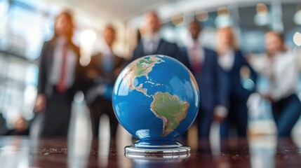 Corporate businesspeople standing around world globe, blurred background