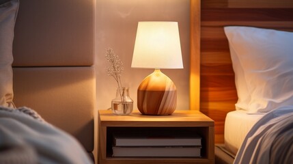 Close-up of a bright table lamp near the bed	
