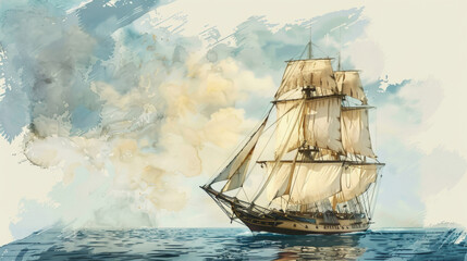 Sailing ship in sea water. Watercolor painting.