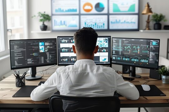 Back view of a man analyzing data on multiple computer monitors in a modern office. High-tech workspace with detailed graphs and charts on screens.
