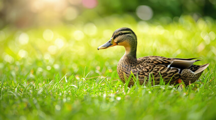 Close-up of yellow little duck on the green grass