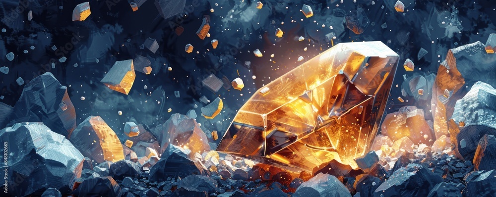 Poster abstract dark background with geometric crystals, in the center there is an irregularly shaped golde