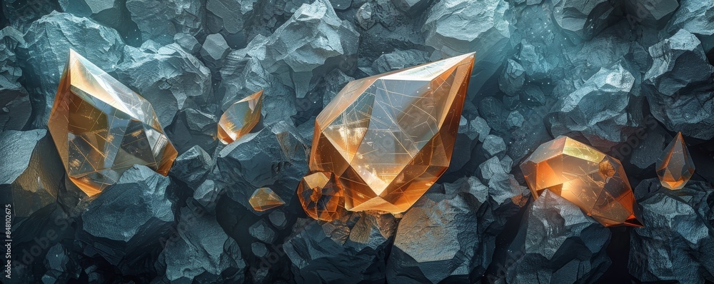 Poster abstract dark background with geometric crystals, in the center there is an irregularly shaped golde