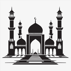 minimal mosque vector art illustration, silhouette on black, white background 