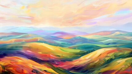 This is a beautiful landscape painting. The colors are vibrant and the brushstrokes are thick and...