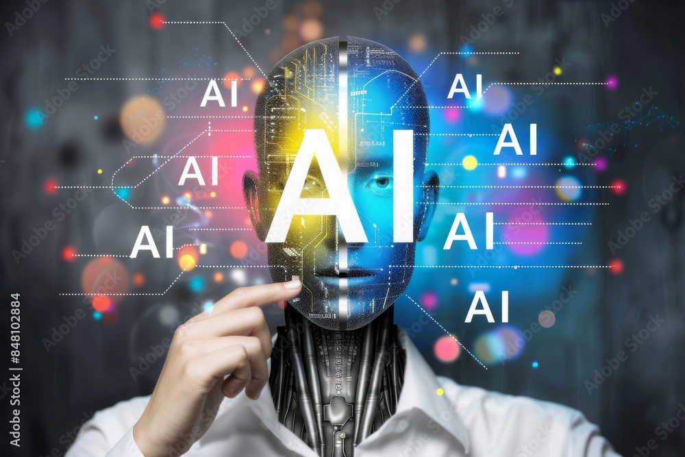 Poster futuristic ai head with digital interfaces and multicolored lights on a dark background