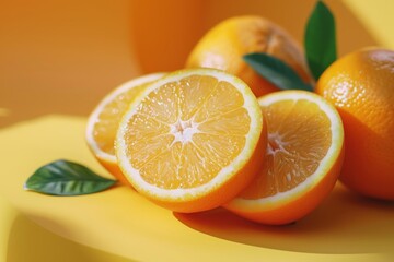 Fototapeta premium Oranges and Slices with Leaves on Yellow Background